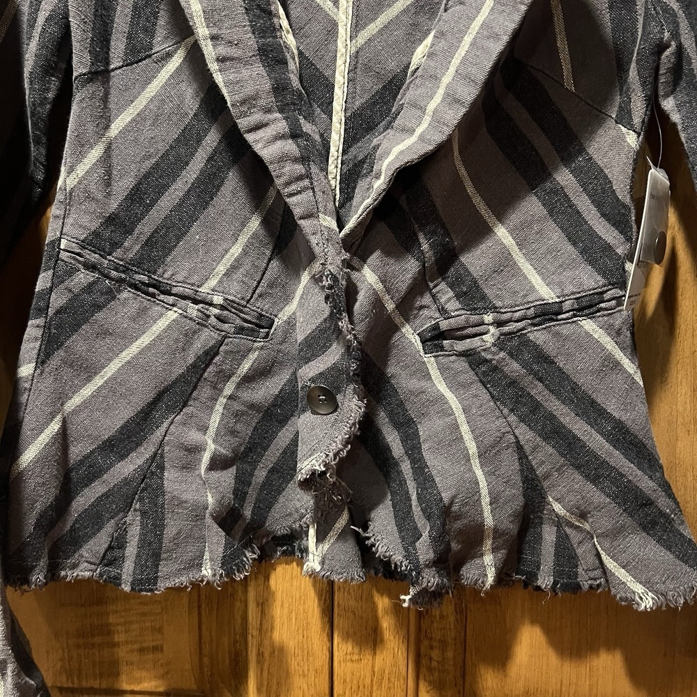 FREE PEOPLE F042J931 Charcoal Combo Stripe Yarn Dye Linen Blazer Sz 10 NWT-$128 - Picture 3 of 12